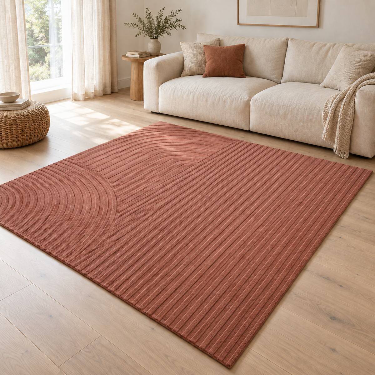 CloudNest terracotta mat design visualisation in a living room