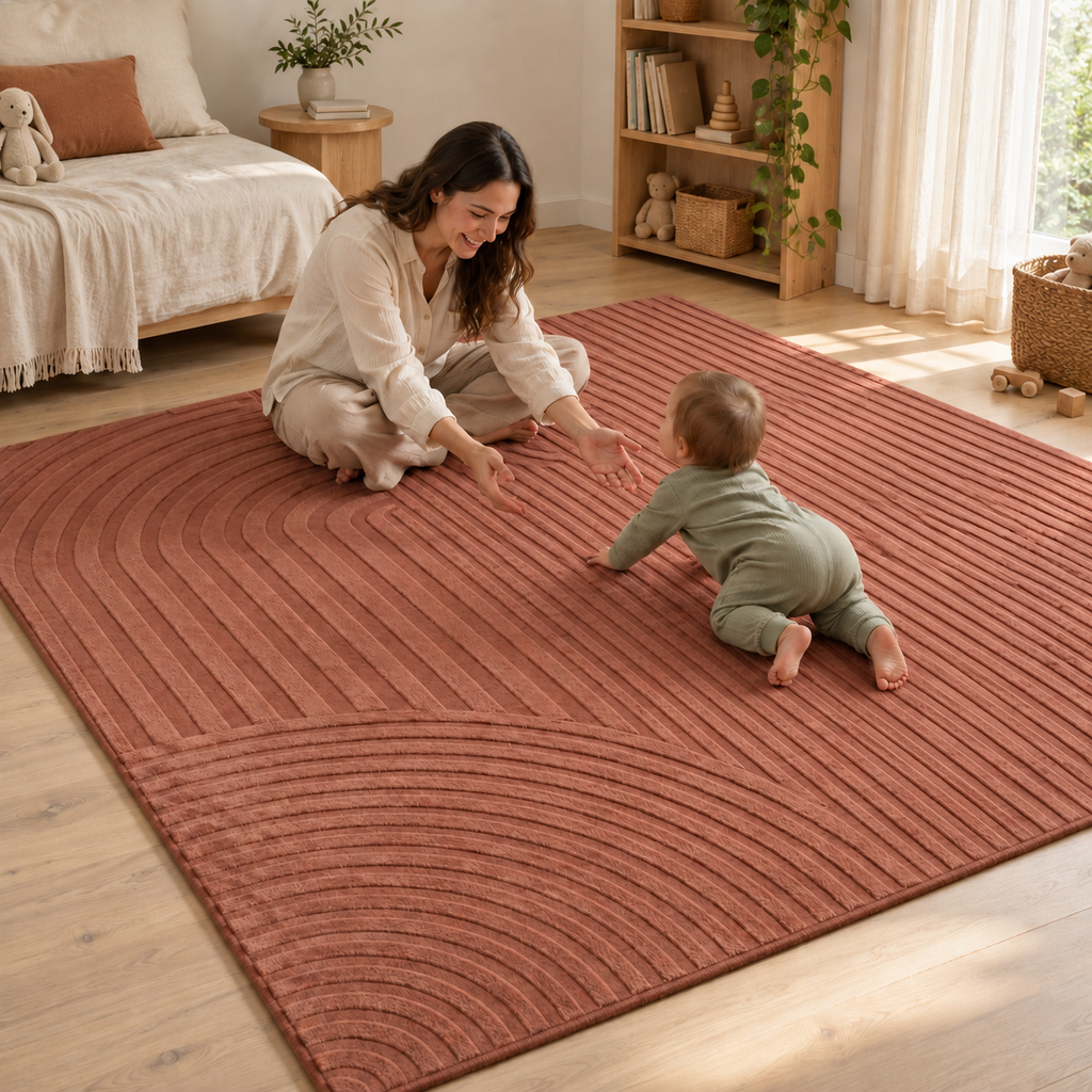 CloudNest terracotta mat design visualisation with mother and crawling baby