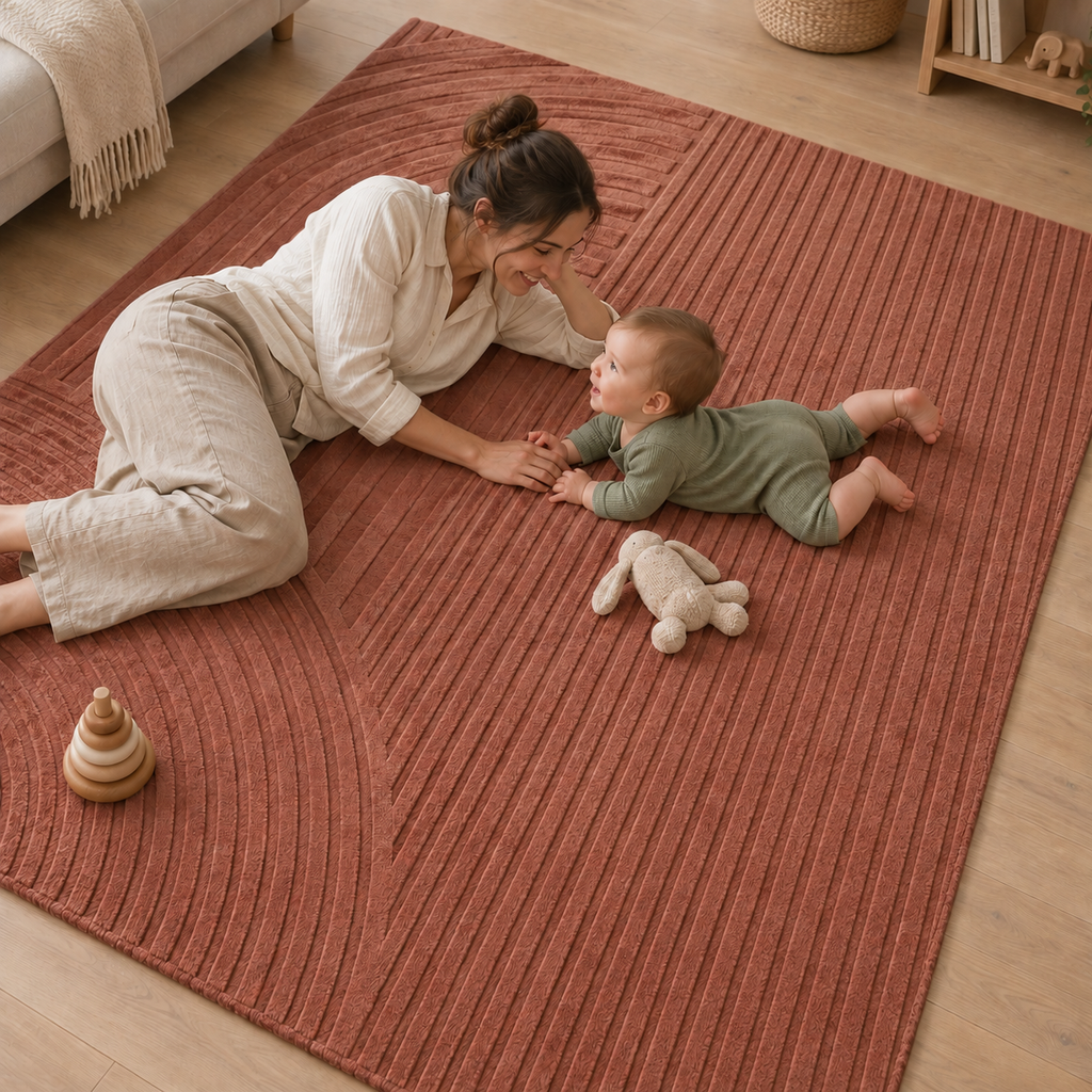 CloudNest terracotta mat design visualisation with mother and baby during tummy time